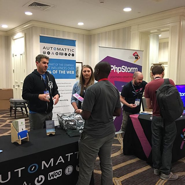 @timmycrawford and @alexiskulash at the #automattic booth at #phptek. Come chat with us about working at Automattic. ?